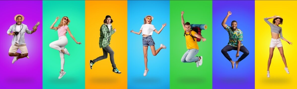 Collage of happy millennial people jumping on colorful studio backgrounds © Prostock-studio