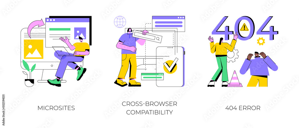 Poster web development abstract concept vector illustration set. microsite interface, cross-browser compati