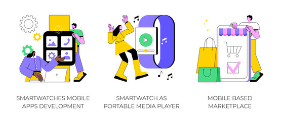 Wearable devices abstract concept vector illustration set. Smartwatches mobile apps development, portable media player, mobile based marketplace, dev team, e-shop app purchase abstract metaphor.
