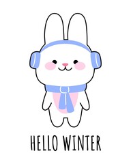 A happy rabbit wearing warm headphones and a scarf. The concept of hello winter. Vector kawaii illustration for prints, postcards, banners, templates.
