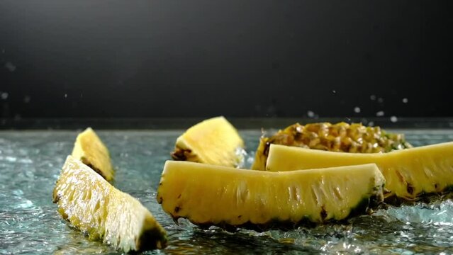 Slow motion of sliced pineapple dropped down in black background 