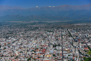 The skyline of Salta city and the Andes beyond, from Cerro San Bernardo viewpoint, Salta Province,...
