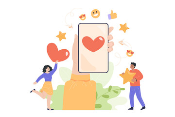 Hand holding phone with heart on screen flat vector illustration. People getting likes or feedback on social networks, sending messages, communicating with friends online. Online chat concept