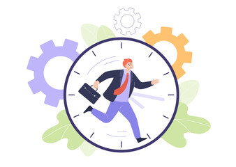 Business person running on clock dial flat vector illustration. Happy man waking up early, rushing to work, having a lot of tasks. Chronometer, deadline, time management concept