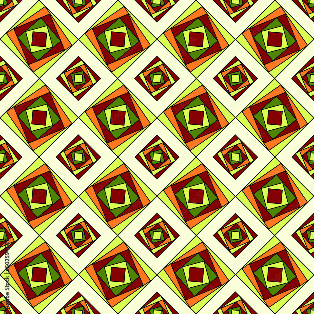 Poster multi-colored squares of different sizes are located in each other at different angles. rhombuses, s