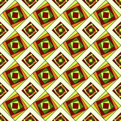 Multi-colored squares of different sizes are located in each other at different angles. Rhombuses, squares are arranged in rows. Seamless geometric pattern for packaging, business. Vector illustration