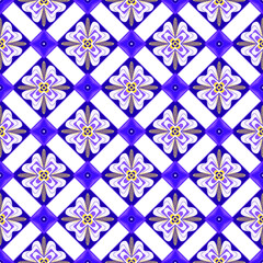 White-violet flowers with yellow spikelets are located on rhombuses and create a beautiful rhythmic ornament. Seamless texture. Vector illustration.