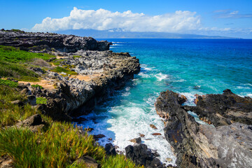 Fototapeta na wymiar Ironwood cliffs on Hawea Point along the Kapalua Coastal Trail in the west of Maui island, Hawaii