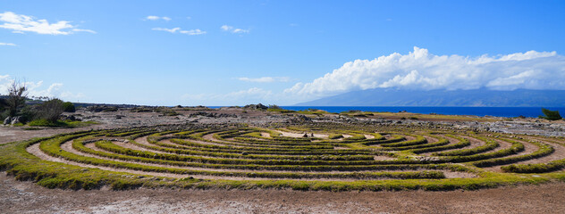 Kapalua Labyrinth on Makaluapuna Point in West Maui, Hawaii - Sacred monument made of circular...