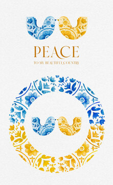 The dove is a symbol of peace in Ukraine. Yellow blue. Wreath watercolor