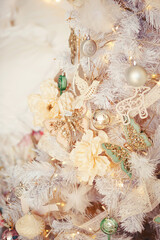 Christmas tree decorated in the style of shabby chic.