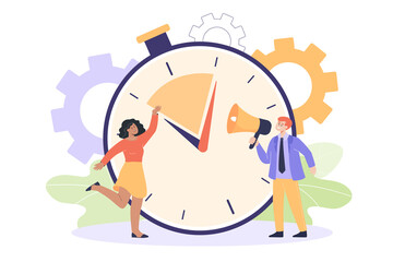 Fototapeta na wymiar Tiny man and woman in background of huge timer. Man with loudspeaker, keeping time on stopwatch flat vector illustration. Deadline, time management, speed concept