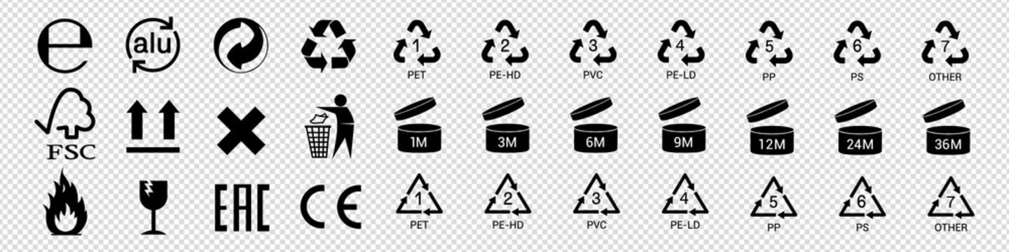 Packaging icons. Recycling symbols. Standard signs, certification mark set : Triman, Mobius, Green Dot, Tidyman, PAO, Alu, CE, Plastic and more. Vector icons on transparent background