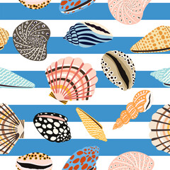 Nautical seamless pattern. Stripped marine vector background with seashells and fossils. Cute fashion print with sea animals