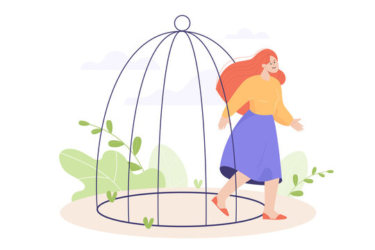 Woman getting out of birdcage flat vector illustration. Depressed girl leaving cage or jail, becoming free, getting ready for new life without mental problems. Freedom, violence, psychology concept