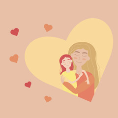 Greeting card where mother hugs her daughter smiling. Illustration  in  pastel colors on for Happy Children's Day or Mother's day