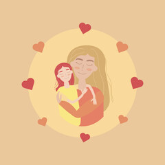 Greeting card where mother hugs her daughter smiling. Illustration  in  pastel colors on for Happy Children's Day or Mother's day