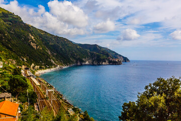 Scenic view of colorful houses in Cinque terre village Riomaggiore, Manarola