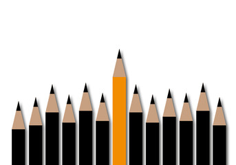 Orange pencil with black pencils and shadow overlay on white background. Performance outstanding from crowd for different thinking or leadership and ambition concept. paper cut design style.