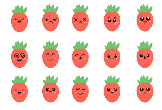 Cute cartoon strawberry with different emotions. Cartoon fruit character set. Funny emoticon in flat style. Food emoji vector illustration