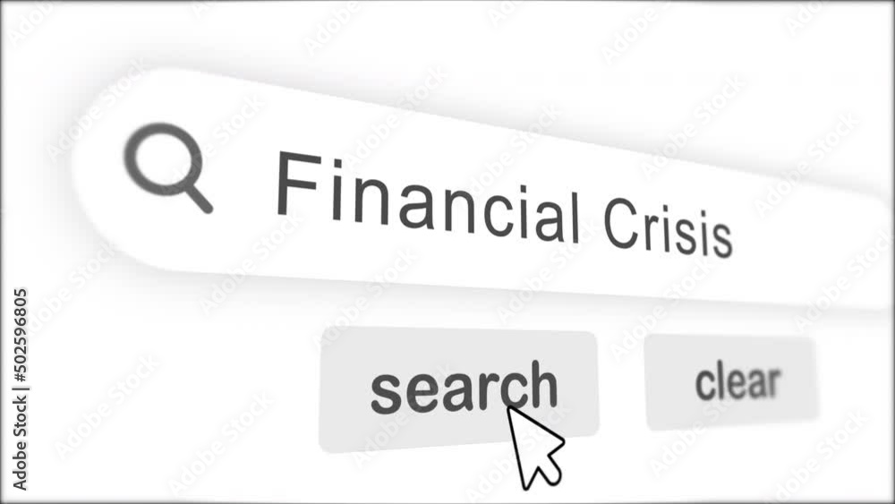 Poster financial crisis typing on search bar with click animation.vintage monitor screen. searching the wor
