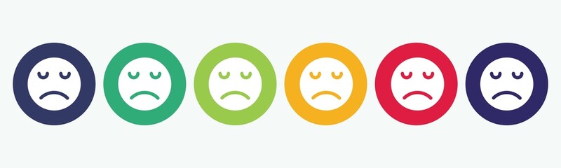 Set the collection of 6 buttons with sad face emoji or emoticon icon.