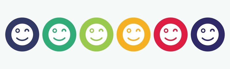 6 circles of buttons set with funny face emoji or emoticon icon. in different colors. Vector illustration.