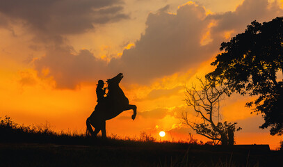 A cowboy on a horse springing up and a riding horse silhouetted against the sunset