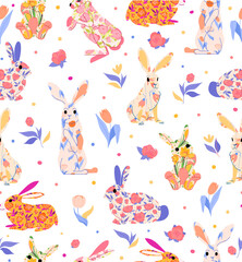 Cute colorful flower rabbits seamless vector pattern with on white background. Perfect for branding, package, fabric and textile, wrapping paper