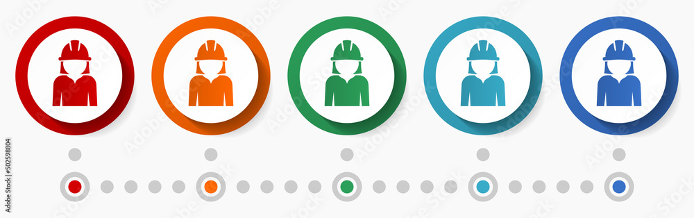 Poster Worker, employee concept vector icon set, infographic template, flat design colorful web buttons in 5 color options