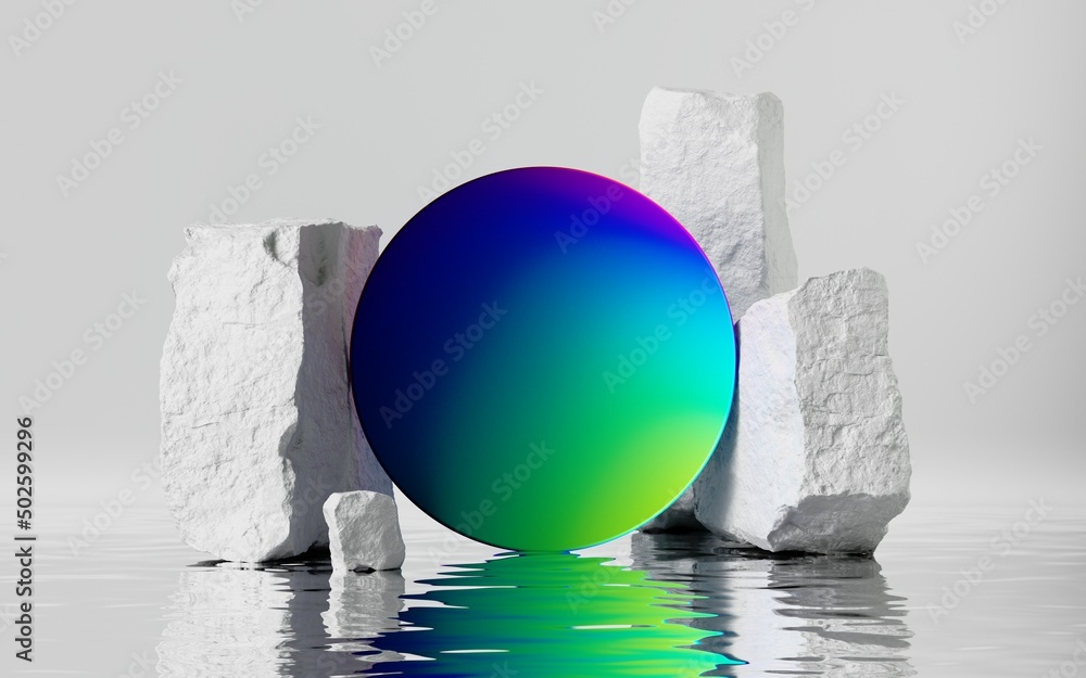 Poster 3d render, abstract geometric background with colorful iridescent round shape, broken white cobble s