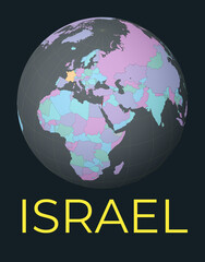 World map centered to Israel. Red country highlighted. Satellite world view centered to country with name. Vector Illustration.