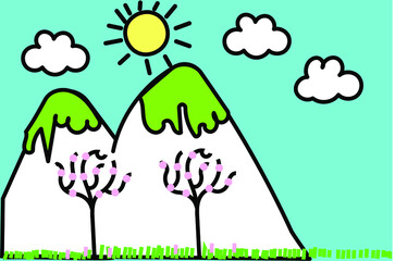 mountain or hill cartoon with clouds