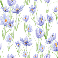 Beautiful retro pastel flowers seamless pattern. Hand painted floral design background with crocus, illustration for wallpaper décor and textile fabric. Stock illustration.