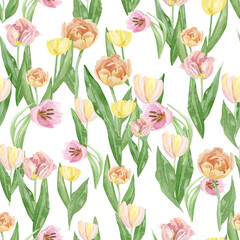 Beautiful retro pastel flowers seamless pattern. Hand painted floral design background with tulips, illustration for wallpaper décor and textile fabric. Stock illustration.