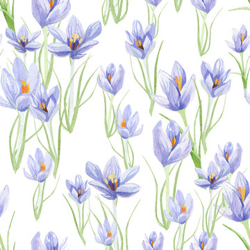 Beautiful retro pastel flowers seamless pattern. Hand painted floral design background with crocus, illustration for wallpaper d&eacute;cor and textile fabric. Stock illustration.
