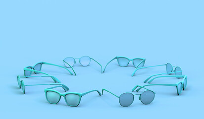 Fototapeta na wymiar Circle of sunglasses on pastel blue background. Summer concept. 3D illustration.