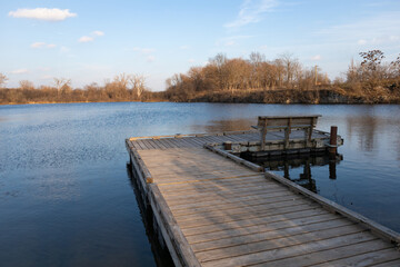 Wood Pier along a Quarry in Lemont Illinois during Autumn