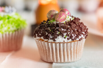 Delicious Easter cupcake with chocolate chips. Gaussian blurred background. Festive table