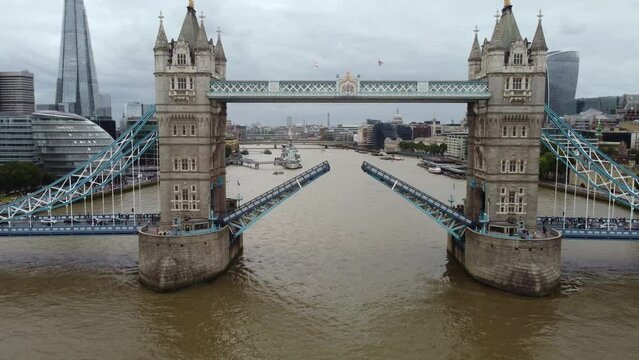 A drone view of the Tower Bridge during the divergence of the road.