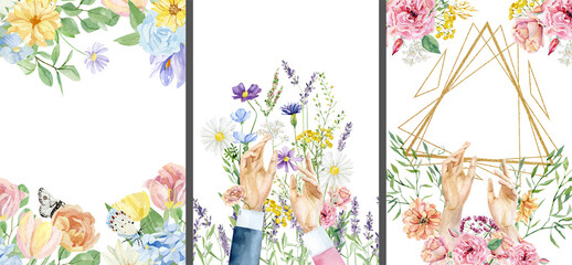 Hands holding wild flowers watercolor  illustration. Hand painted wildflowers bouquet and butterfly arrangement botanical art illustration with meadow flowers, leaves, stem for wedding invitation
