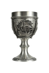 Silver wine glass or goblet with nautical bas-relief isolated on white background.