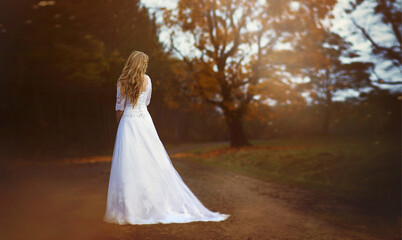 Bride in the park is a beautiful long wedding dress turned back. the photo has a fabulous finish after shooting. selective focus.