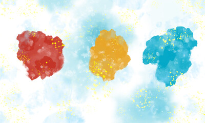 Bright delicate watercolor texture. On a white-blue background, large red, yellow and blue spots and small yellow spots. Abstract watercolor background.