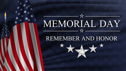 Memorial Day. Remember and Honor. United states flag poster. American flag and text on blue with stars background for Memorial Day. - obrazy, fototapety, plakaty