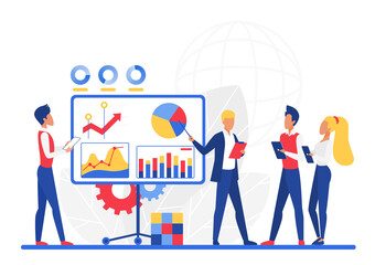 Office workers training session on analytics bord information. Development and instruction data analysis trainer