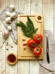 Fresh raw ingredients for healthy cooking, top view, copy space