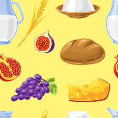 Happy Shavuot seamless pattern. Holiday background with Jewish traditional symbols.