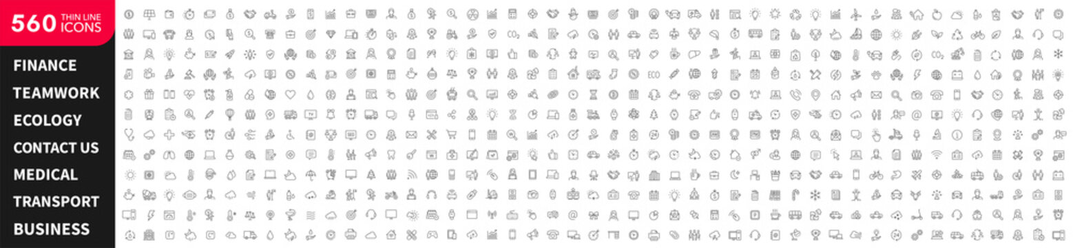 Big Collection 560 Thin Line Icons. Web Outline Icon Set. Teamwork, Business, Finance, Seo, Medical, Ecology, People, Contact Us, Transport - Stock Vector.