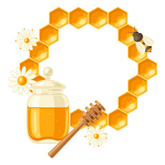 Frame with honey items. Image for food and agricultural industry.